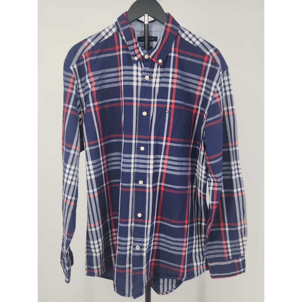 Tommy Hilfiger Mens Classic Fit Plaid Button Down Shirt Navy Red XL